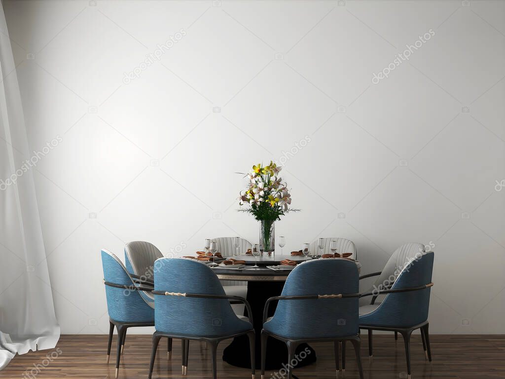 Dining room mockup with bench, chair, table, and white lamp. 3d illustration . 3d render