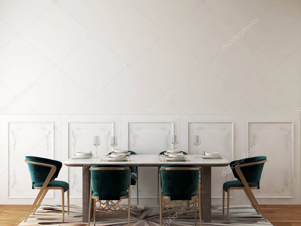 Luxury dining room mockup with classic molding wall luxury green dining table set . 3d illustration. 3d render