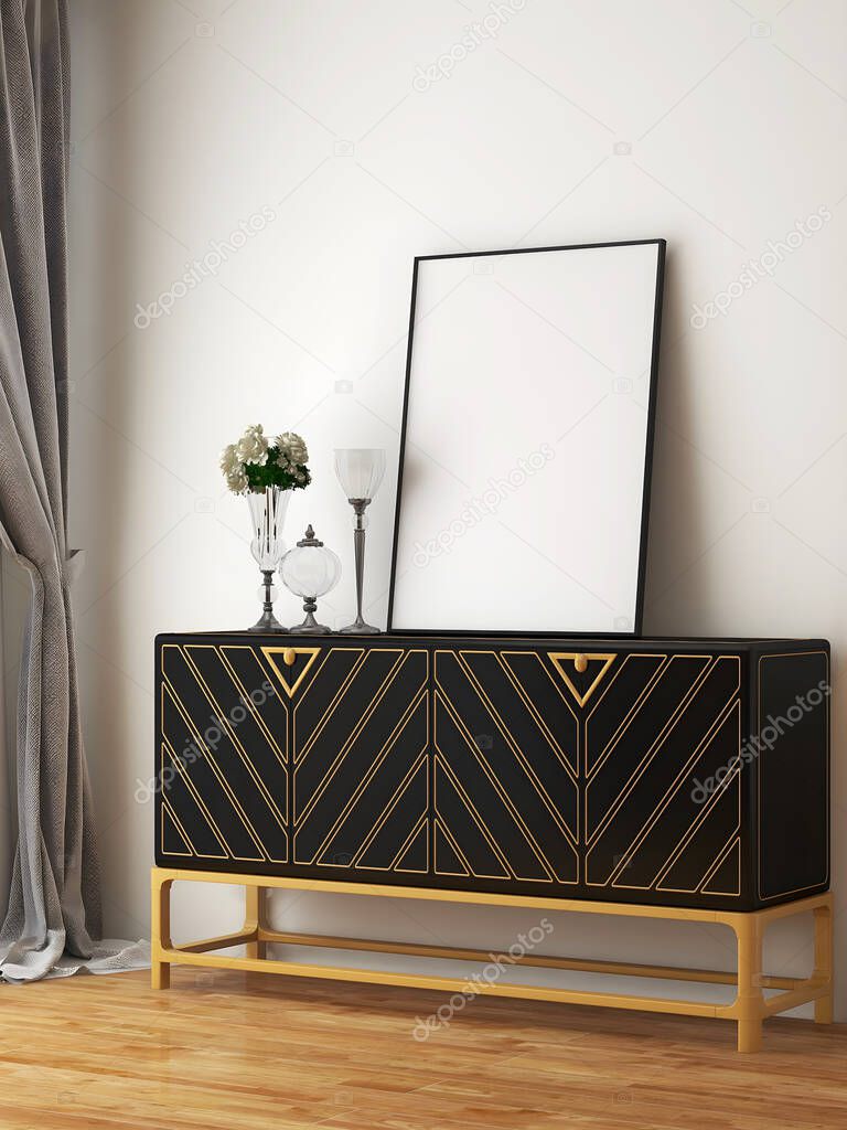 Black gold cabinet with blank frame. 3d illustration. 3d render