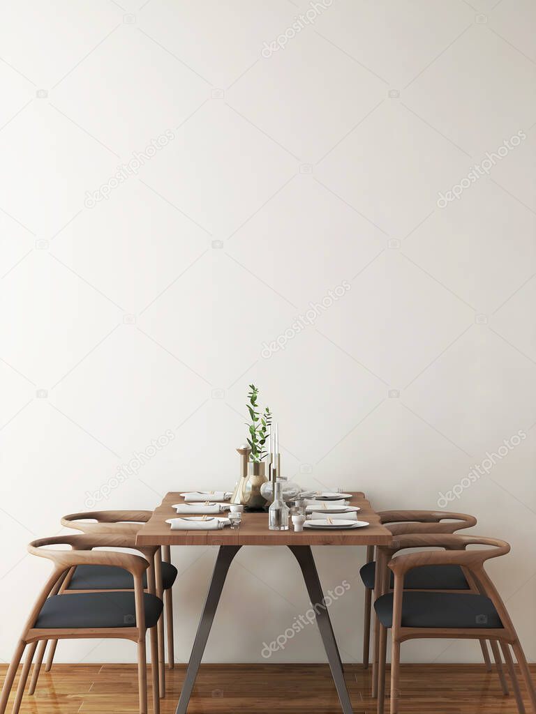 Dining room mockup with gray dining table set. 3d illustration. 3d render