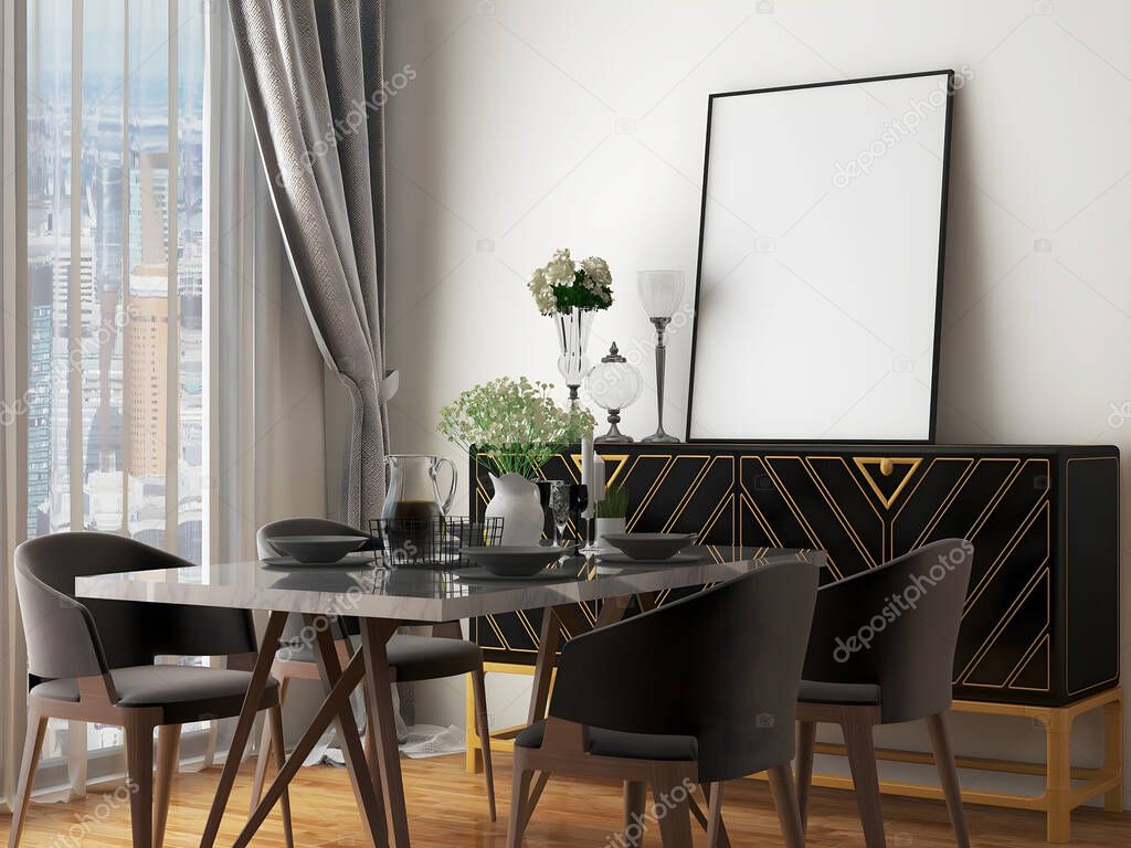 Dining room mockup with luxury black dining set, black gold dining table, and blank frame. 3d illustration. 3d render