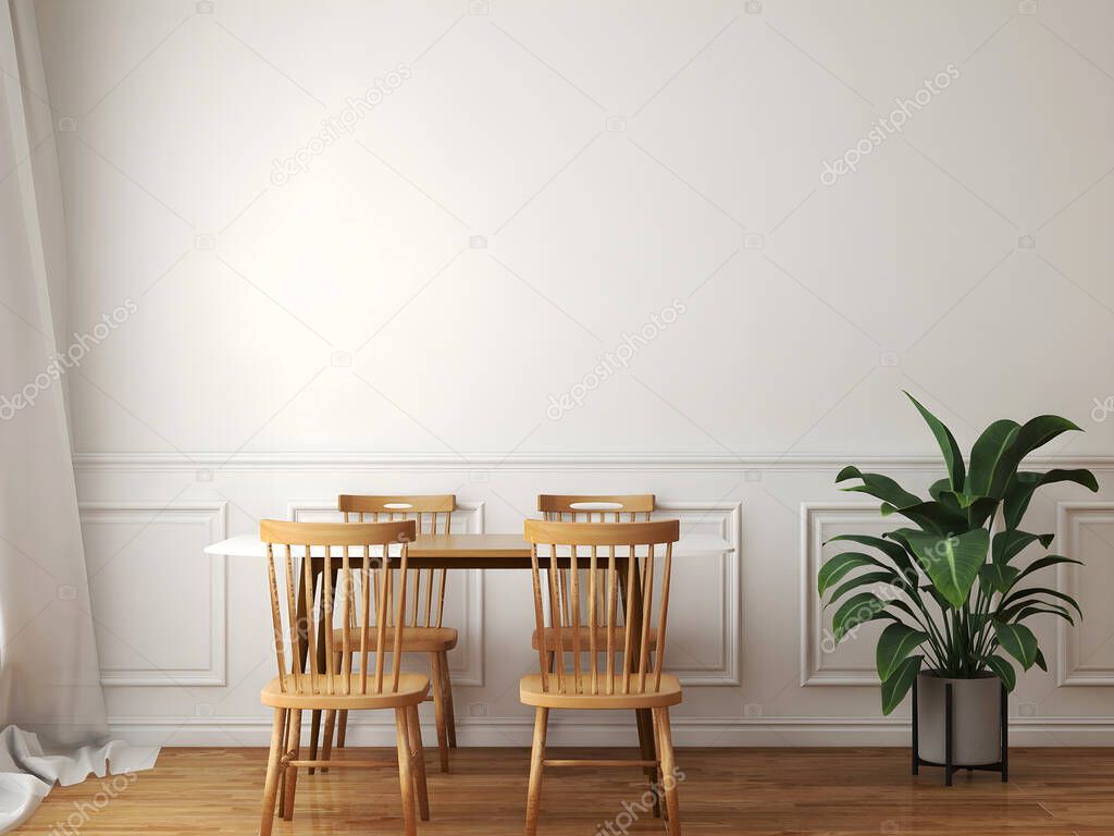 Dining room mockup with white molding wall, dining table, and plant. 3d illustration. 3d render
