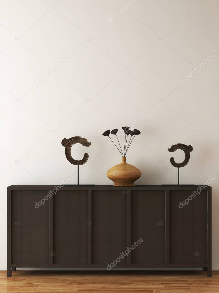 Wall mockup with brown cabinet and objects . 3d illustration. 3d render