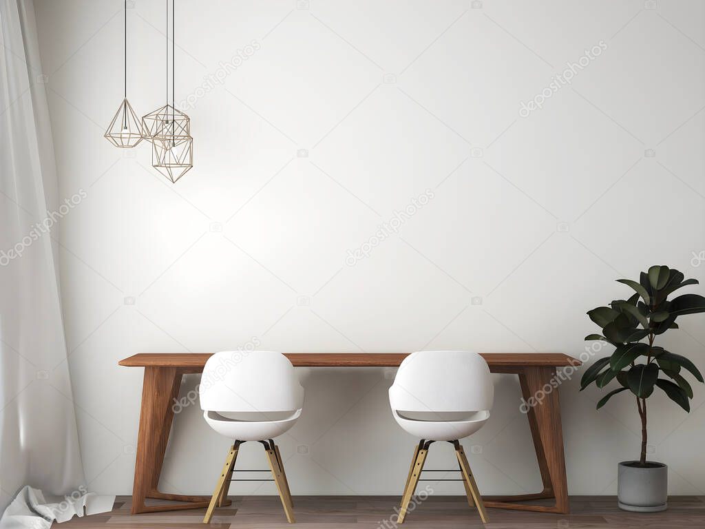Mockup room with table and chair, and hanging lamp. 3d illustration. 3d render
