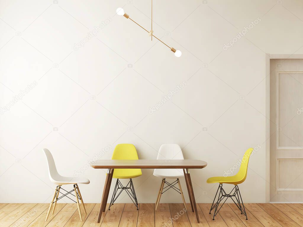 Dining room mockup with hanging lamp, white and yellow chair. 3d illustration. 3d render