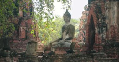 Wat Maha 'daki eski Buda heykelleri antik Sukhothai Tayland başkenti. Sukhothai Tarih Parkı UNESCO 'nun dünya mirası. İnanılmaz Tayland seyahat konsepti.