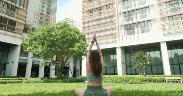 Vista Trasera Mujer Ropa Deportiva Sienta Yoga Aire Libre Parque — Vídeo de stock