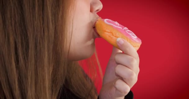 Zamknij Usta Kobiety Jedzącej Pączki Kochający Słodkie Życząc Smaczne Ciasto — Wideo stockowe