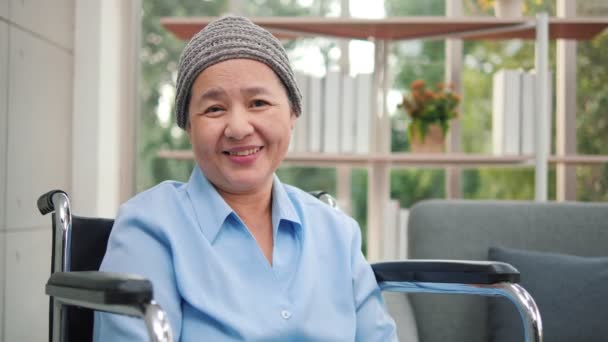 Portrait Smiling Patient Elderly Asian Woman Sitting Wheelchair Cancer Wearing — Stock Video