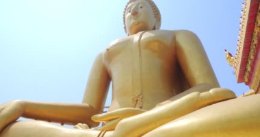Büyük Buda heykeli. Parlak altın rengi çok güzel. Wat Muang, Ang Thong Eyaleti, Tayland