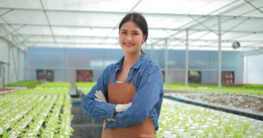 Asyalı kadın çiftçinin portresi kollarını kavuşturup kameraya gülümseyerek ve mutlulukla bakıyor modern hidroponik sebze çiftliğinde..