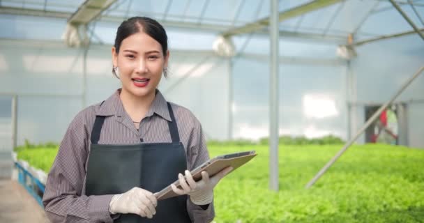 Young Woman Uses Tablet Guide Use Technology Farming Cultivation Organic — Stock Video