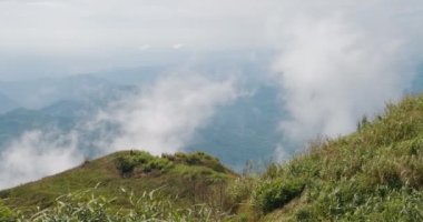 Hareket eden beyaz bulutların ve rüzgarda esen sisin yeşil dağ manzarası. Sisli dağlar