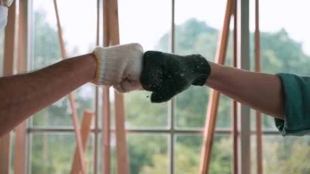 Fist Bump Collide Two Carpenter Show Strength Teamwork Wooden Background — Stock Video