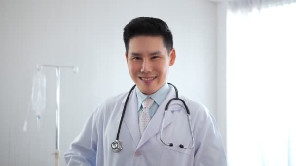Doctor Asian Man Medical Professional Broadly Showing Thumbs Gesture Camera — Stock Video