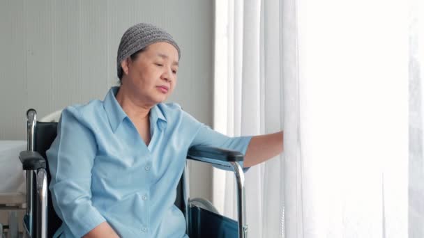 Senior Patient Asian Woman Sitting Wheel Chair Nusing Home Hospital — Stock Video
