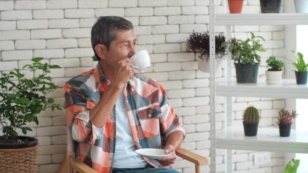 Happy Asijské Starší Muž Pití Hrnek Kávy Relaxační Zahradě Zelený — Stock video