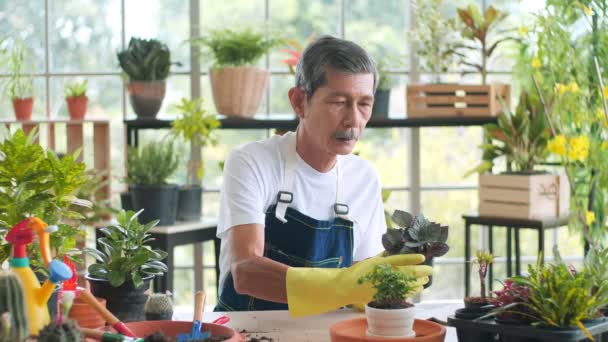 Feliz Anciano Adulto Mayor Asiático Plantas Árbol Macetas Mantenga Tableta — Vídeos de Stock