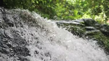 Tropikal nehirde nehir ya da göl şelalesinin yavaş akışı çok doğal. Vahşi dağ nehri berrak akarsu. Taş kayaların aktığı gevezelik eden bir dere..