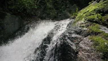 Tropikal nehirdeki Yavaş Nehir veya Göl Şelalesi 'ni kapatın. Doğal güzellikte. Vahşi dağ nehri berrak akarsu. Taş kayaların aktığı gevezelik eden bir dere..