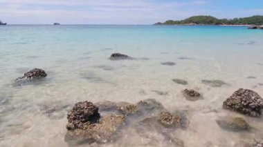 Plaj tropikal Pattaya Koh Larn Tayland, Sandy ve kaya kıyısı manzarası. Güzel yaz tatili.