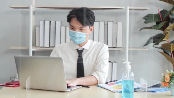 Asian Business Man Wearing Face Masks Working Office Table Shield — Stock Video