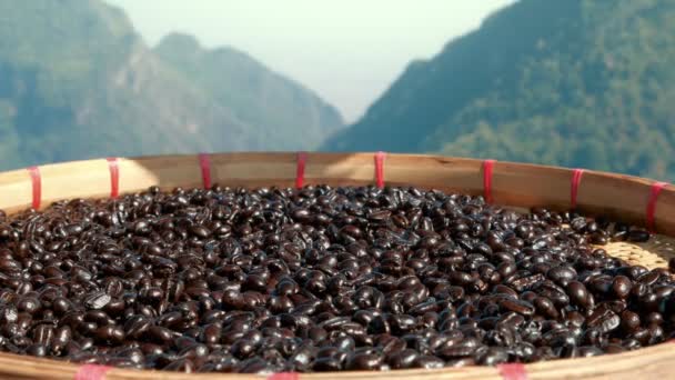 Coffee Beans Mountain Views Background Cappuccino Aroma Black Caffeine Drink — Stock Video