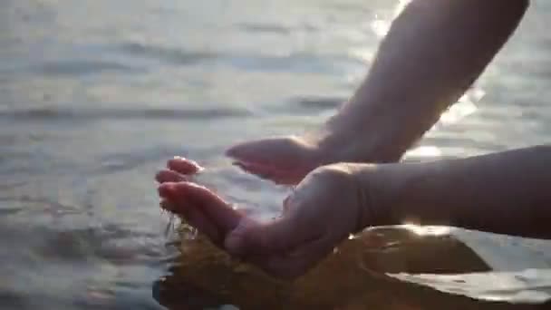 Close Hands Cupped Form Getting Water Lake Fountain Reflection Sunset — Stock Video