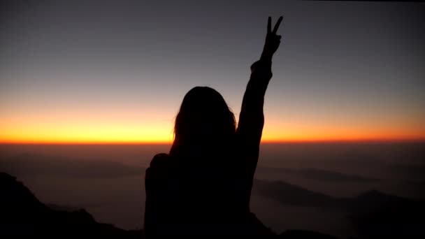 Mutlu Kadının Silueti Dağlarda Huzur Içinde Doğa Arka Planında — Stok video