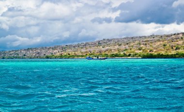 Mavi okyanus, ada ve gökyüzü. Menjangan Adası, Bali. Endonezya. Menjangan Adası 'nda mavi deniz, ada ve gökyüzünün güzel bir karışımı.