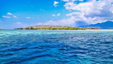 Mavi okyanus, ada ve gökyüzü. Menjangan Adası, Bali. Endonezya. Menjangan Adası 'nda mavi deniz, ada ve gökyüzünün güzel bir karışımı.