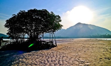 Tropik cennet sahili, Pahawan Adası, lamba, Sumatera, Endonezya. Pahawan Adası beyaz kumlu tropikal plajlar sunar ve Lampung 'da ünlü bir turistik noktadır.