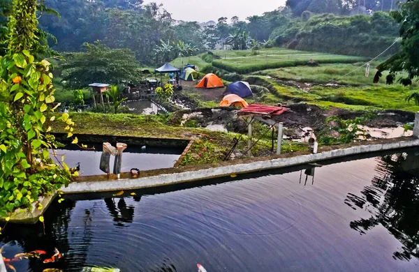 Camp Village Camper Enjoying Beauty Village Atmosphere — Stockfoto