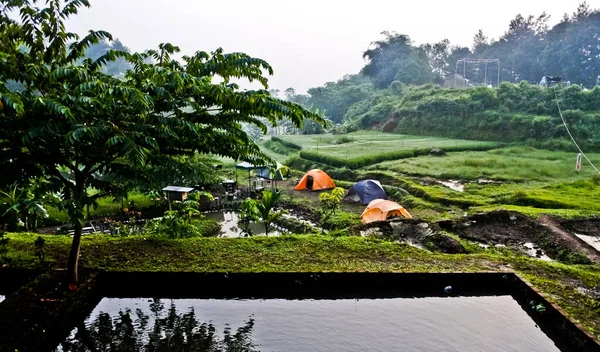 Camp Village Camper Enjoying Beauty Village Atmosphere — Foto Stock