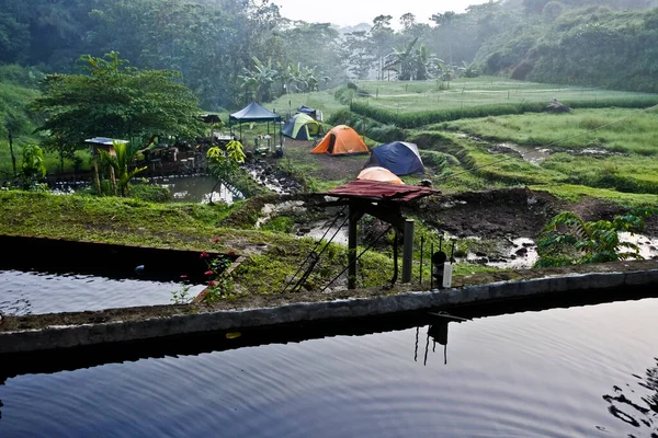 Camp Village Camper Enjoying Beauty Village Atmosphere — Foto de Stock