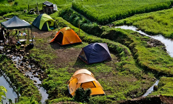 Camp Village Camper Enjoying Beauty Village Atmosphere — Stok fotoğraf