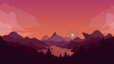 Günbatımı dağları manzarası arka plan, kurt siluetiyle turuncu gökyüzü