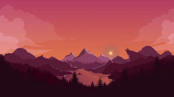 Sonnenuntergang Berge Landschaft Hintergrund Orangefarbener Himmel Mit Wolf Silhouette — Stockvektor