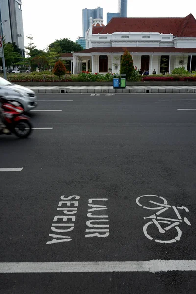 Surabaya Indonesia Marzo 2022 Cartello Simbolo Della Pista Ciclabile Sull — Foto Stock