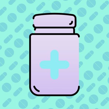 İlaç bağımlısı. Ilustracion vektoryel de un bote de mediina. Medicina. Pildoras. Pastillalar. Fondo de pildoras y pastillas