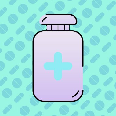 İlaç bağımlısı. Ilustracion vektoryel de un bote de mediina. Medicina. Pildoras. Pastillalar. Fondo de pildoras y pastillas