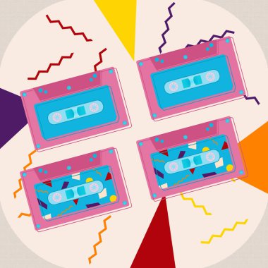 Kaset paketleri, Ilustracion vektörleri. 80 'ler. Renkli. Diferentes tahminleri. 