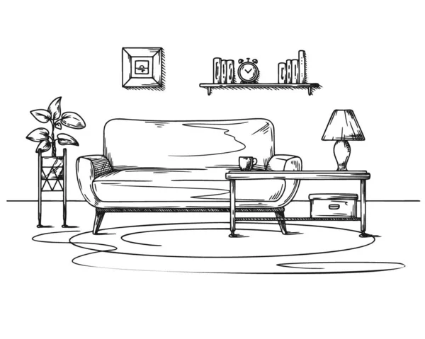 Living Room Sketch Black White Interior Sketch Sofa Lamp Other — Stock Vector