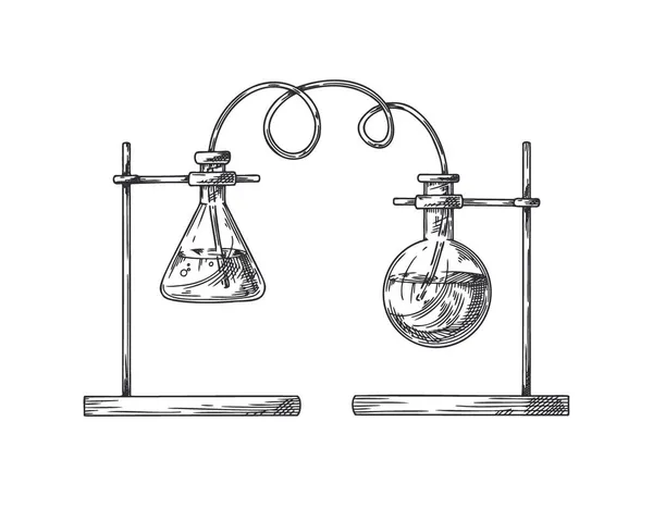 化学实验室物品的素描 用于化学实验的玻璃器皿 病媒药瓶 烧杯和试管 发现和化学符号 — 图库矢量图片