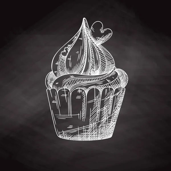 Skizze Eines Cupcake Mit Sahne Und Herzdekoration Valentinstag Cupcake Vektorillustration — Stockvektor