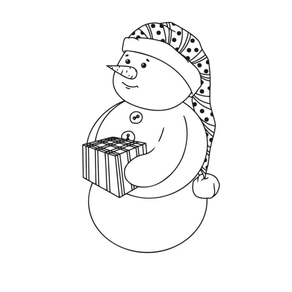 Niedlicher Weihnachtsschneemann Mit Einem Geschenk Doodle Stil Vektorillustration Weihnachten Charakter — Stockvektor