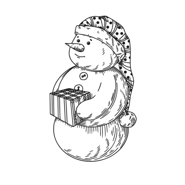 Niedlicher Weihnachtsschneemann Mit Einem Geschenk Doodle Stil Vektorillustration Weihnachten Charakter — Stockvektor