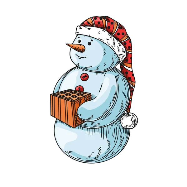 Lindo Muñeco Nieve Navidad Con Regalo Estilo Garabato Ilustración Vectorial — Vector de stock