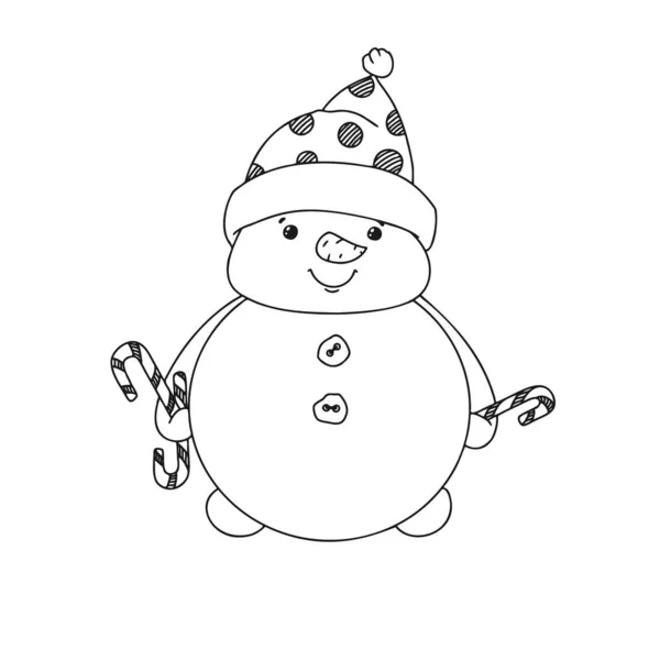 Lindo Muñeco Nieve Navidad Con Caramelos Navidad Estilo Garabato Ilustración — Vector de stock