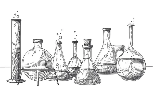 化学実験室の物体のスケッチ 化学実験用ガラス ベクトル医薬品フラスコ ビーカー 試験管 発見と化学記号 — ストックベクタ